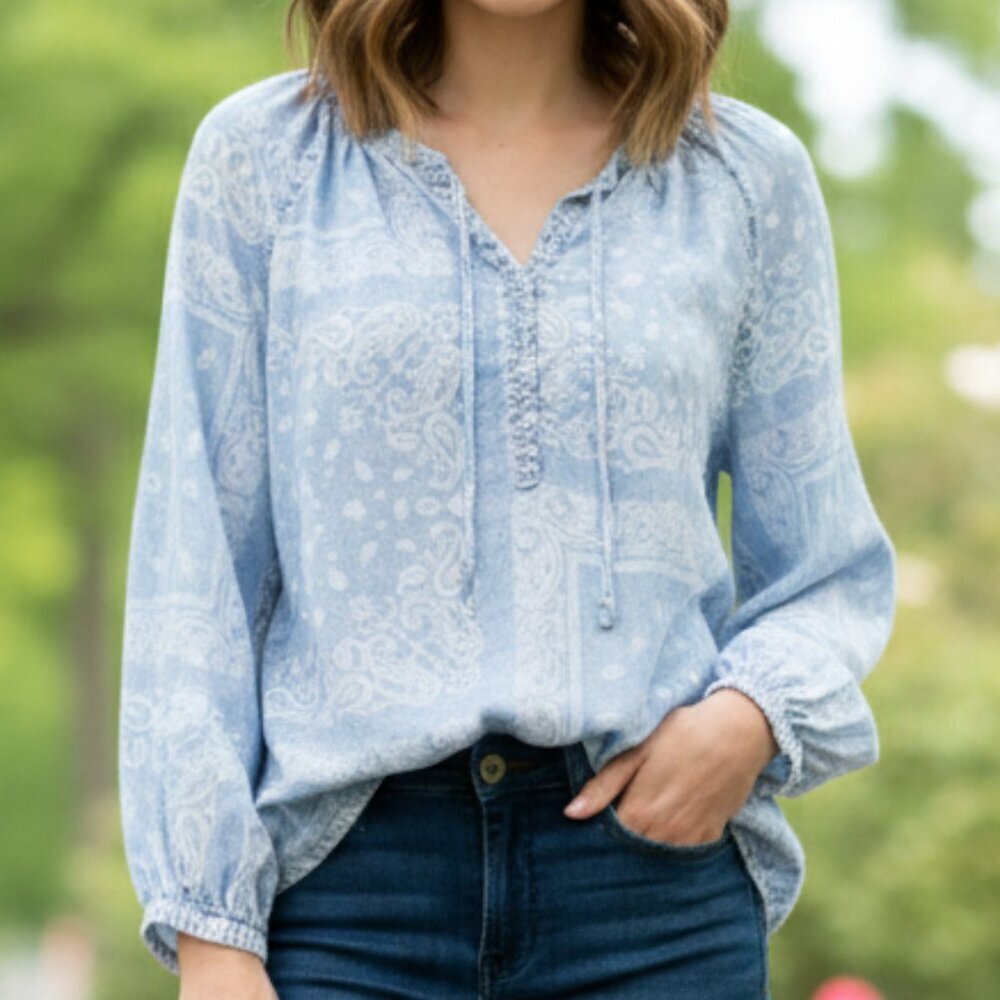 Vintage America Boho Paisley Peasant Blouse Faded Denim Blue XL